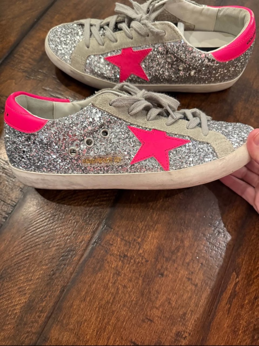Golden Goose Silver Glitter Sneakers with Hot Pink Star and Heel Tab